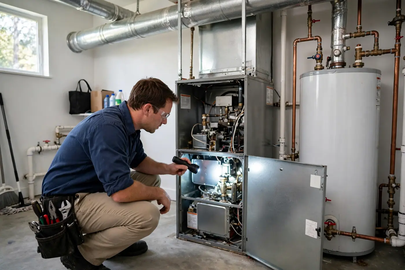 Furnace installation Colorado Springs: a technician fitting a new home gas furnace in a utility room
