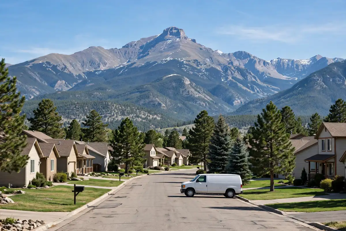 A Colorado Springs neighborhood street with a service van at the curb and Pikes Peak behind the rooftops