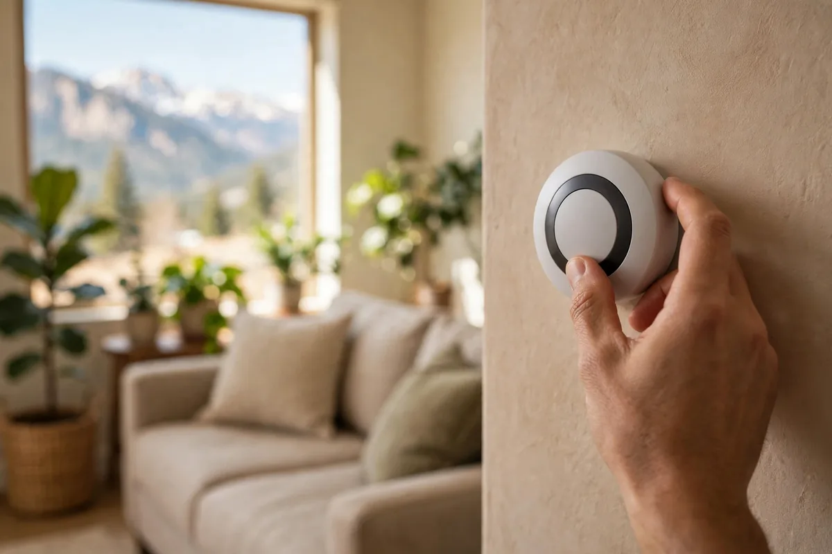 A homeowner adjusting a smart thermostat in a bright Colorado Springs living room with the mountains through the window
